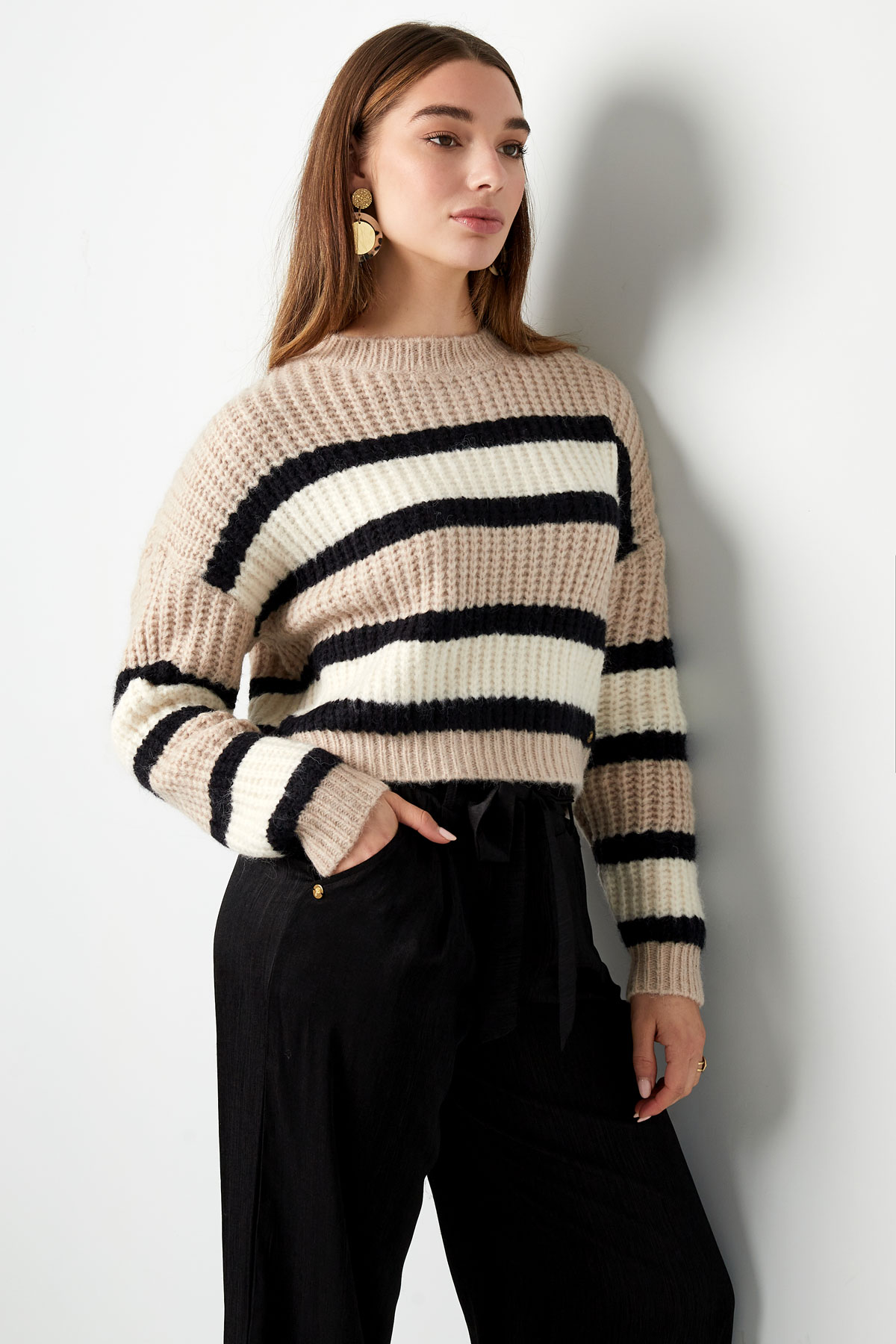 Knitted three-color sweater with stripe - purple h5 Picture11